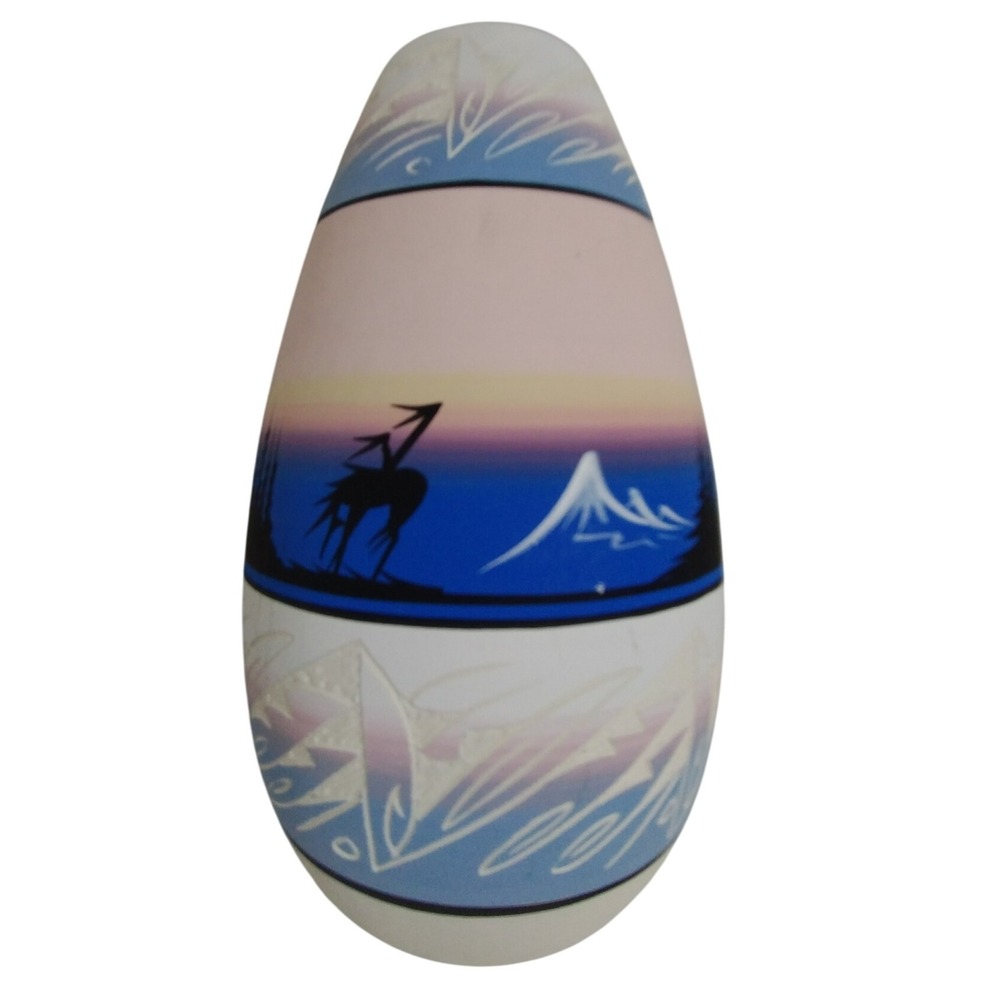 Signed Navajo Pottery Vase Pastel Sunset Desert Scene Etched Southwestern Art 9"